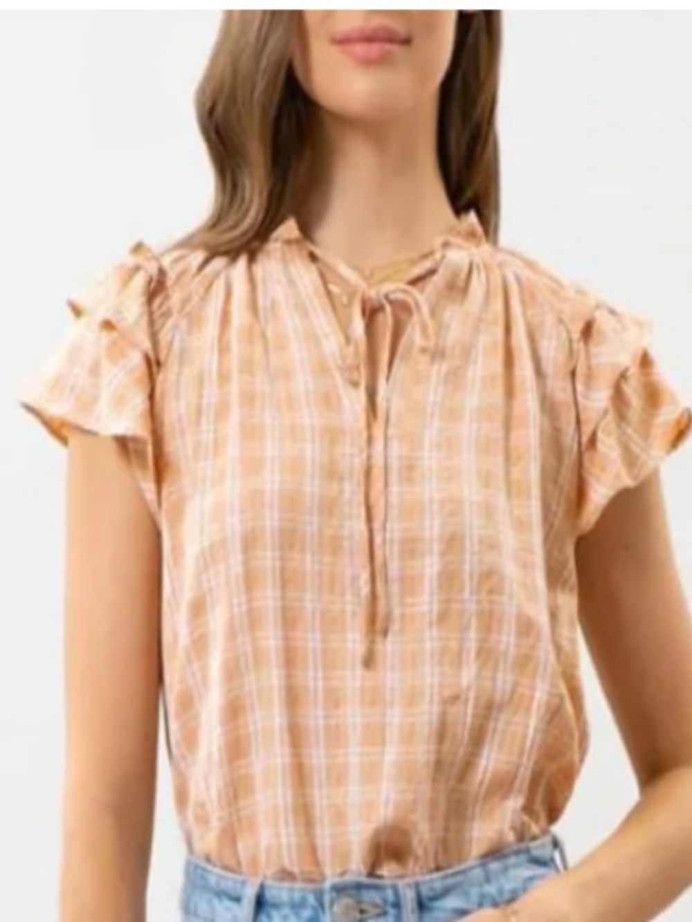Blu Pepper apricot and white grid print V-neck top Size L
